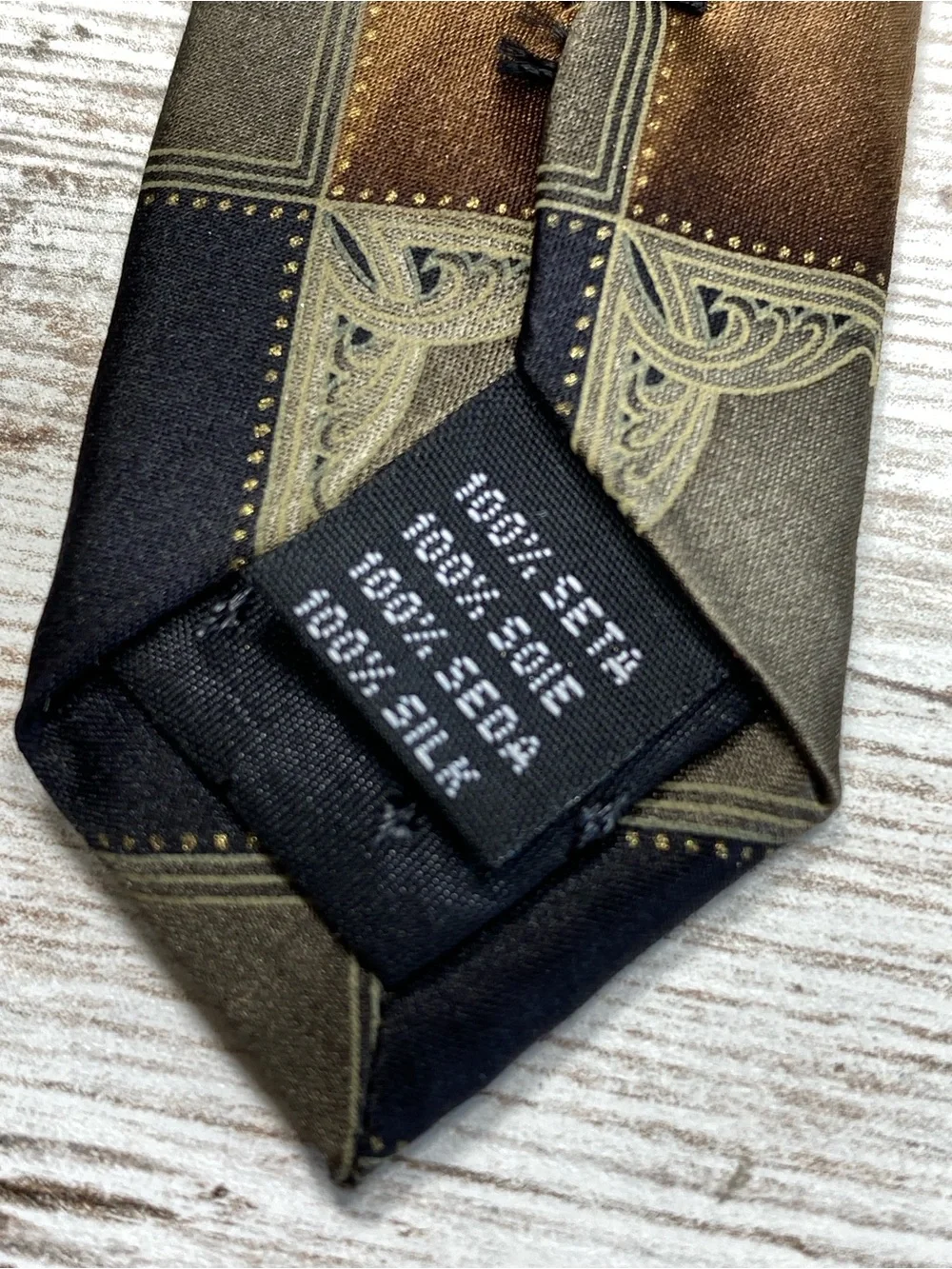 Croft & Barrow Silk Necktie Brown Black Geometric Square Pattern Wide Tie 59x4